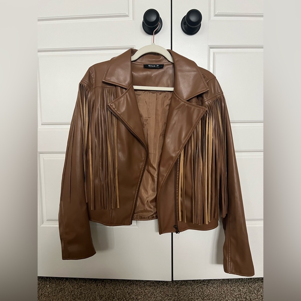 Brown Fringe Vegan Leather Jacket Size L